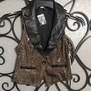 Brown Sequins with Faux Black Leather trim Vest